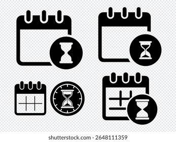 A collection of four black calendar and hourglass icons. The transparent background makes these icons versatile for various design projects.