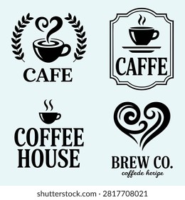 Collection of four black coffee house and cafe logo designs with stylized cups and text