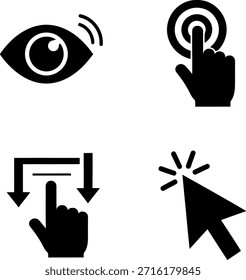 Uma coleção de quatro ícones pretos do computador apresentando um olho, uma mão clicando em um botão, uma mão movendo um controle deslizante e um cursor do mouse, tudo em um fundo branco.