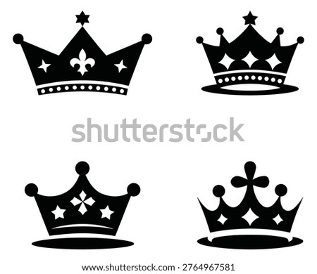 Collection of four black crown silhouettes with various designs on isolated for royalty or regal concepts
