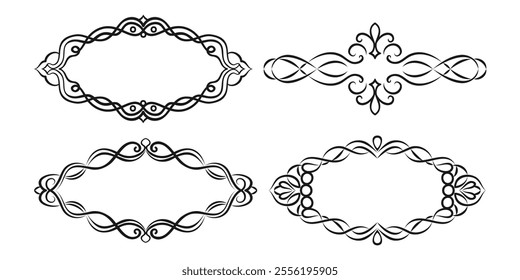 Collection of four black damask frames with swirls and ornament. Lace symmetrical vintage border, retro template. For use in invitations, greeting card, poster, and decorative design.