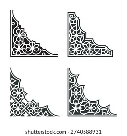 Collection of four black decorative corner borders with intricate islamic geometric patterns
