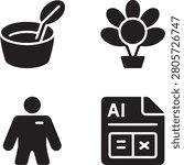 Collection of four black featuring a bowl with spoon, flower pot, person, and ai file format