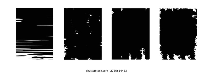 Una colección de cuatro texturas de rectángulo negro grunge con efectos de salpicaduras de tinta, desgastados y desgastados. Ideal para diseños vintage y artísticos.
