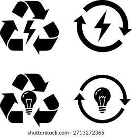 Colección de cuatro íconos negros que representan el reciclaje, la energía renovable, la sostenibilidad y las ideas creativas.