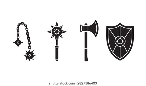 Collection of four black icons representing security tools including a chain, key, megaphone, and shield for digital safety and protection themes.