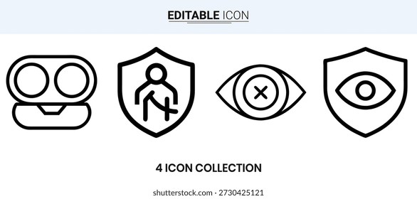 Una colección de cuatro iconos lineales negros que representan los conceptos de seguridad, protección y vigilancia.