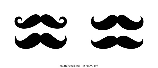  collection of four black mustache vector silhouettes featuring curled and classic styles. Perfect for barbershop logos, vintage designs, Movember themes, and graphic projects.