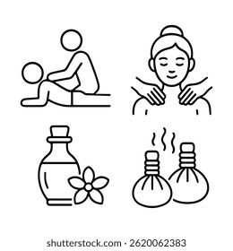 Collection of four black outline icons representing massage therapy, essential oils, spa treatments, and relaxation, ideal for wellness branding. Vector illustration
