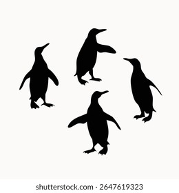 Collection of Four Black Penguin Silhouettes: Minimalist Antarctic Bird Shapes - Simple Vector Graphics - Wildlife Design Elements