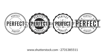 collection of four black perfect stamps with various grunge textures for creative product quality certification
