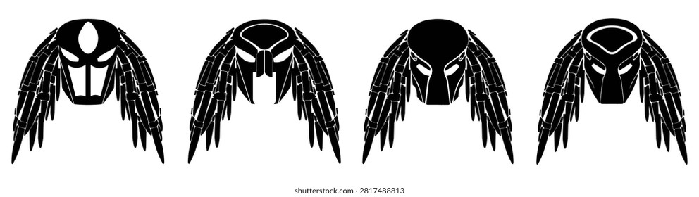 A collection of four black predator mask silhouette designs with sharp, aggressive shapes and detailed wing-like elements. Perfect for logos, gaming graphics, esports branding, tattoos, merchandise, stickers, and dark fantasy designs.