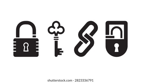 A collection of four black security and lock icons representing digital security, keys, chains, and padlocks for security concepts and access control.