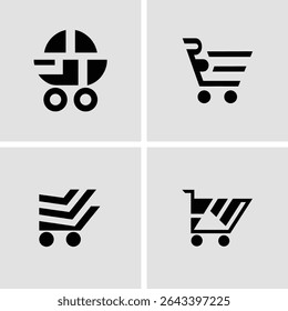 Collection of four black shopping cart icons representing retail and online purchase options