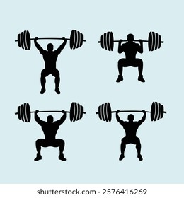 collection of four black silhouette illustrations showing different weightlifting poses with a barbell. Perfect for fitness, gym, bodybuilding, and strength training-related projects. Suitable for pos