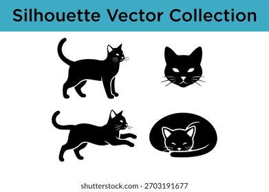 Una colección de cuatro Ilustraciones vectoriales de siluetas negras de gatos en varias poses, que incluyen pararse, saltar y dormir.