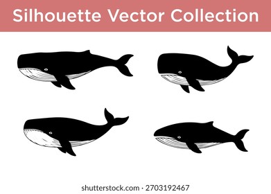Eine Sammlung von vier schwarzen Silhouetten-Vektorgrafiken von Walen auf weißem Hintergrund.
