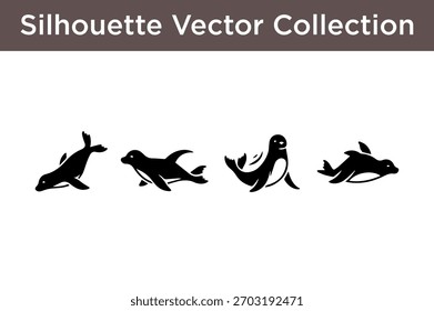 A collection of four black silhouette vector illustrations of seals and sea lions in various poses.