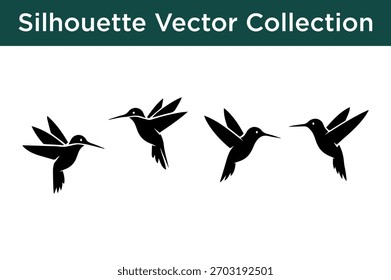 A collection of four black silhouette vector illustrations of hummingbirds in various dynamic flight poses against a white background.