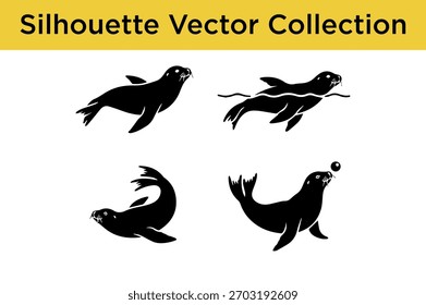A collection of four black silhouette vector illustrations of seals in various poses, including swimming and balancing a ball.