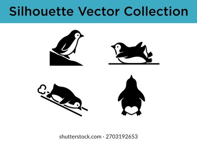 Uma coleção de quatro ilustrações vetoriais de pinguins em silhueta preta em várias poses e atividades.