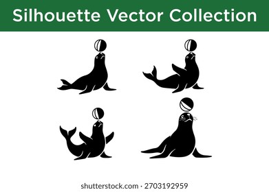 A collection of four black silhouette vector illustrations of seals balancing balls on their noses.