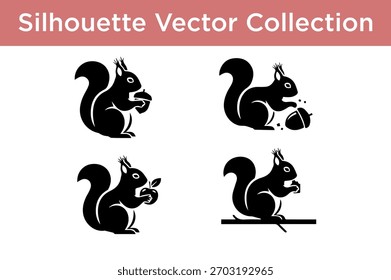 A collection of four black silhouette vector illustrations of squirrels holding different food items.