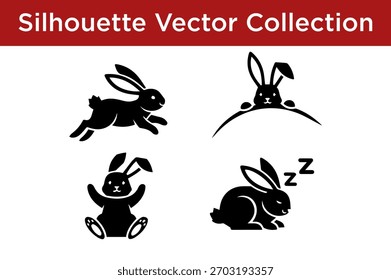 Eine Sammlung von vier schwarzen Silhouetten-Vektorgrafiken von Kaninchen in verschiedenen Posen, darunter Springen, Spiegeln, Sitzen und Schlafen.