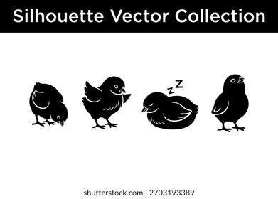 Una colección de cuatro Ilustraciones vectoriales de silueta negra de pollitos en varias poses, incluyendo dormir.