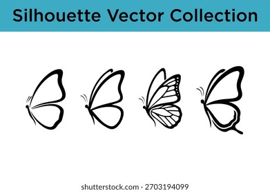 A collection of four black silhouette vector illustrations of butterfly wings.