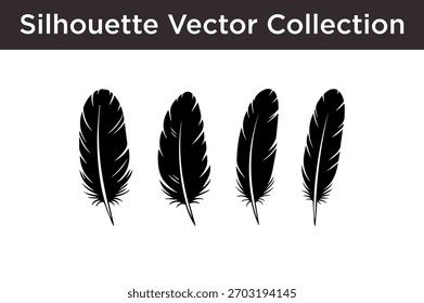 A collection of four black silhouette vector illustrations of feathers on a white background.