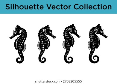 A collection of four black silhouette vector illustrations of seahorses on a white background.