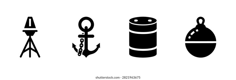 A collection of four black silhouette vector icons representing maritime tools including a tripod beacon, a ship anchor, a metal barrel, and a buoy.