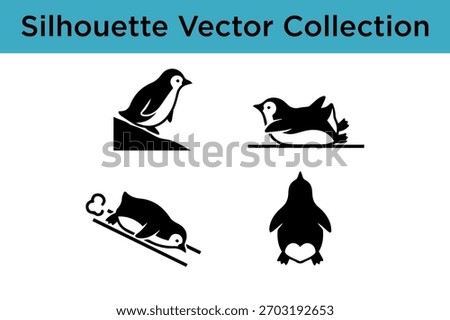 A collection of four black silhouette vector illustrations of penguins in various poses and activities.