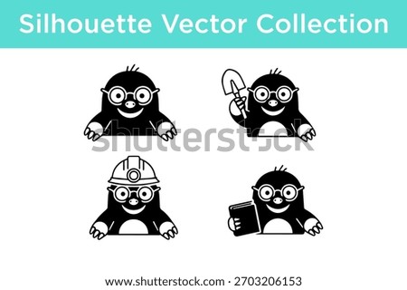 A collection of four black silhouette vector illustrations of a cute mole character wearing glasses and holding different objects.