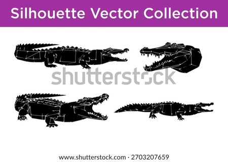 A collection of four black silhouette vector illustrations of alligators in various poses, rendered in a geometric, polygonal style.