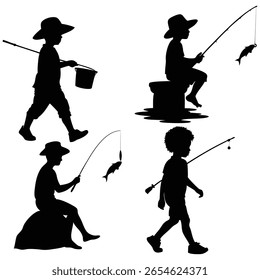 A collection of four black silhouettes of children engaged in various fishing activities. They are shown walking, sitting, and holding fishing rods with caught fish.