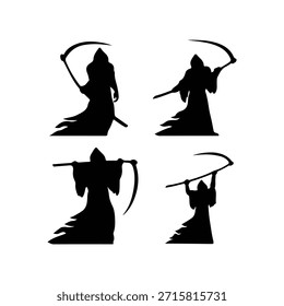 A collection of four black silhouettes representing the Grim Reaper, each depicted in a different pose with a scythe. The figures are stylized with flowing robes, creating a sense of movement and an ominous presence. The background is plain white, emphasizing the dark, stark imagery of the reapers.