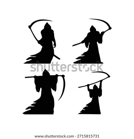 A collection of four black silhouettes representing the Grim Reaper, each depicted in a different pose with a scythe. The figures are stylized with flowing robes, creating a sense of movement and an ominous presence. The background is plain white, emphasizing the dark, stark imagery of the reapers.