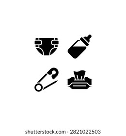 A collection of four black solid icons representing newborn baby care items including a diaper feeding bottle safety pin and tissue box