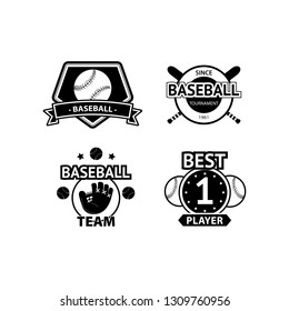 Collection of four black Vector Baseball logo and insignias, presented with a set of baseball equipment illustrations