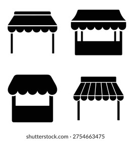A collection of four black vector silhouette icons depicting market stalls and retail kiosks with various awning shapes, perfect for street food, trade fairs, and small business design.