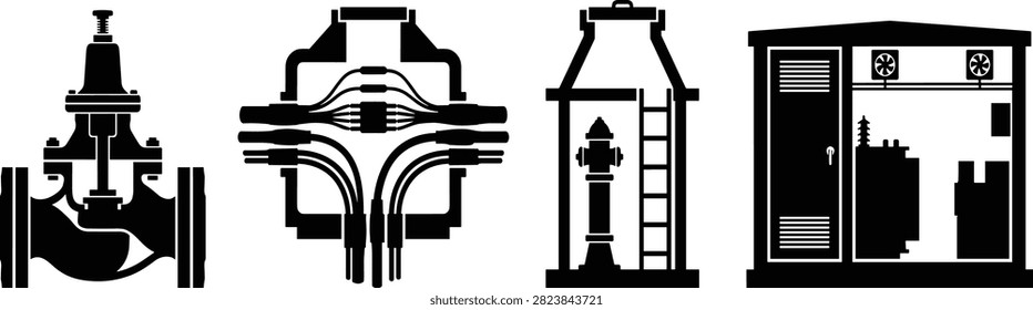 A collection of four black vector silhouettes representing municipal utility systems and industrial equipment, including a cross-section control valve, a cable junction box, an underground fire hydrant well, and an electrical substation unit. Excellent for civil engineering layouts, urban planning infographics, and technical utility documentation.