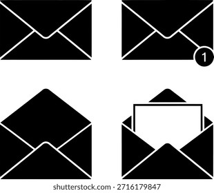 Una colección de cuatro íconos de sobres en blanco y negro en diferentes estados, incluidos cerrados y abiertos, con uno con un símbolo de notificación y un papel dentro de otro.