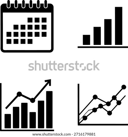 A collection of four black and white graphics representing business data analysis and planning tools, including a calendar, bar graphs, and line graphs.