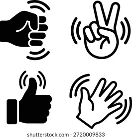 Una colección de cuatro iconos de gestos de mano en blanco y negro con líneas de movimiento