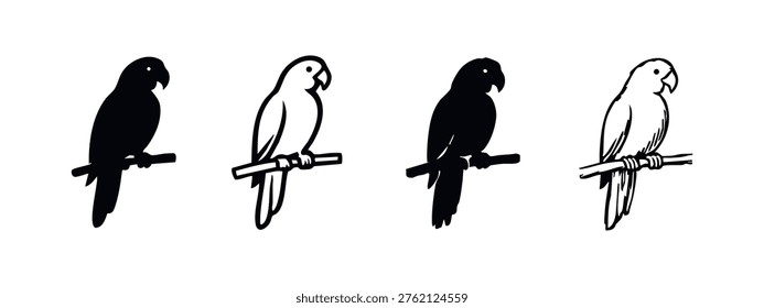Collection of Four Black and White Parrot Icons Perched on a Branch