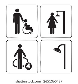 A collection of four black and white pictogram icons representing accessibility, hygiene, and personal care. Includes symbols for disabled access, shower facilities, and a person with a timer.