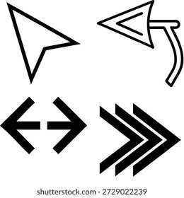 A collection of four black and white vector graphic icons including a cursor, arrowhead, and double-headed arrows.
