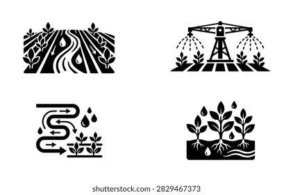 A collection of four black and white vector icons illustrating various agricultural irrigation techniques, including field flooding, mechanical spraying, and drip systems.